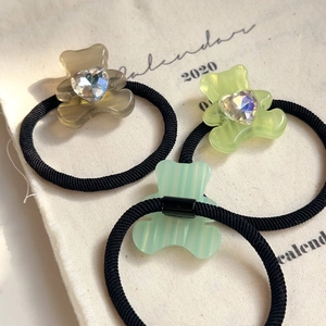 Three-piece set of colorful acetate bear hair ties with sparkly crystal hearts