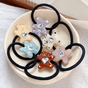 Cute cartoon bear hair ties set with heart crystal accents and high elastic bands