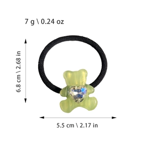 Elastic bear hair tie with iridescent heart rhinestone and product dimensions
