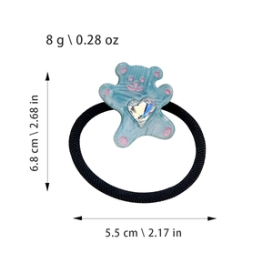 Blue cartoon bear hair tie with crystal heart, high elasticity resin scrunchie 8g weight