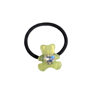 Elastic bear hair tie with green acetate bear pendant and heart rhinestone detail