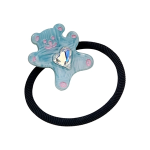Sweet light blue acetate bear hair scrunchie with colorful heart crystal and pink dots