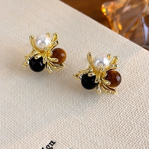 Vintage gold coral style earrings with pearl, black bead and brown stone inlay