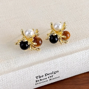 Vintage Copper Alloy Triple Bead Stud Earrings Gold Tone Faux Artificial Pearl Brown Amber Black Round Beads Elegant Jewelry For Women