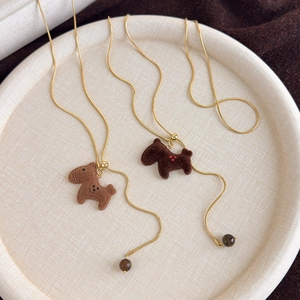 Brown flocked pony pendant necklace with gold snake chain for women autumn style