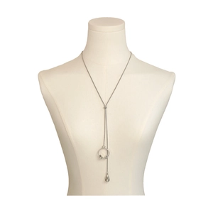 Detail of silver long Y-shaped necklace with mini headphone and water drop pendants