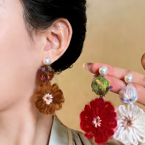 Winter handmade knit flower pearl earrings in caramel brown and festive red and green