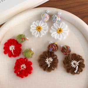Winter handmade knit flower earrings with pearls in white, red and brown colors