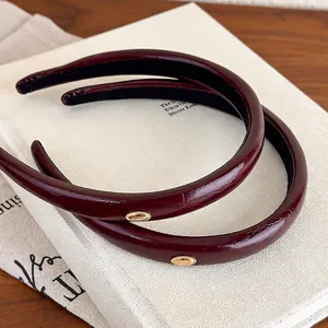 Vintage Wine Red Synthetic Leather Headband With Gold Oval Metal Buckle French Style High Top Hair Band For Women Daily Fashion Accessories