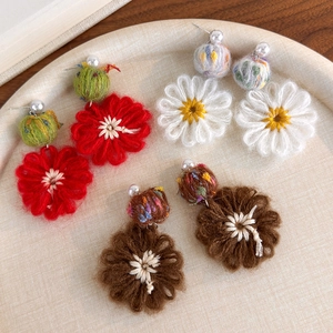Handmade Yarn Woven Flower Artificial Pearl Stud Earrings Sweet Vintage Floral Crochet Earrings For Women Warm Winter Jewelry