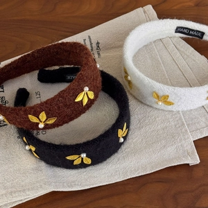 Vintage wool wide headband with gold leaf embroidery and pearls in three colors