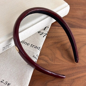 Vintage burgundy leather headband with gold metal button detail for women