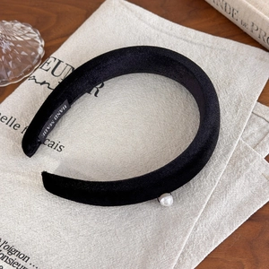 Retro black velvet padded headband with pearl charm and handmade label accessory