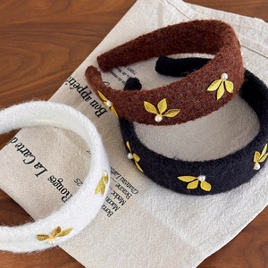Vintage wool wide headband set with golden leaf embroidery and faux pearls