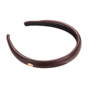 Vintage burgundy sponge headband with gold metal tag and premium textured faux leather finish