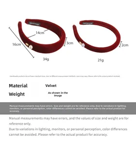 Size comparison chart for red velvet headband with white pearls and handmade logo label