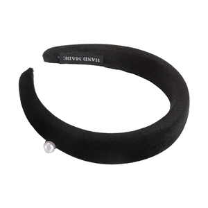 Retro black velvet padded headband with elegant faux pearl detail for women