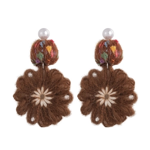 Winter handmade crochet flower earrings with colorful pompon and white pearl studs
