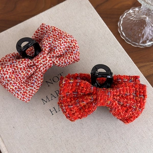 Elegant red tweed bow hair claw clips for women with knitting and gold thread detail