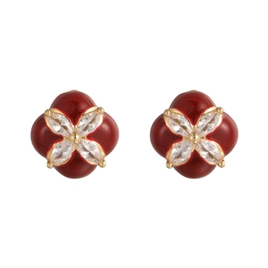 Boucles d'oreilles trèfle vintage plaquées or avec émail rouge foncé et pierres zircon