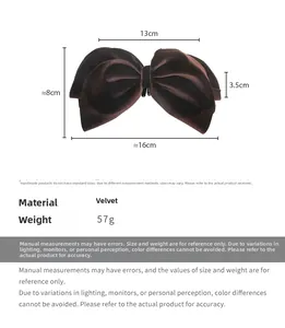 Detail showing velvet bow banana clip dimensions of sixteen centimeters on white background