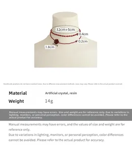 Detail of red rose pendant choker necklace with beads and size measurements