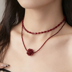 French Vintage Red Rose Layered Necklace For Women Romantic Resin Crystal Beaded Choker Party Jewelry With Extension Chain