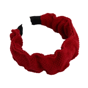 Chic red knitted pleated headband with thick wavy ruffles for women winter accessories