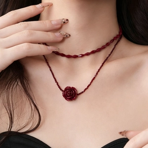 Vintage layered choker with dark red beads and a detailed rose pendant for women