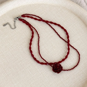 Elegant vintage French double-layered red rose necklace with faceted beaded choker design