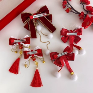Barrettes à cheveux rouges de style chinois avec nœuds, pompons et pompons pour filles