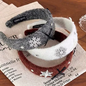 Winter Plush Headband For Women Rhinestone Snowflake Bow Decor Handmade Hairband Sophisticated Christmas Party Hair Accessories