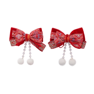 Barrettes à cheveux de Nouvel An chinois en velours rouge avec pompons blancs et perles