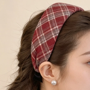Plaid wide headband for women featuring red tartan pattern and thick padded crown design