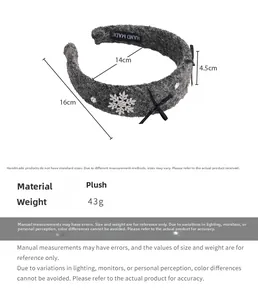 Detailed view of grey plush headband with rhinestone snowflake and dimensions 16x14cm