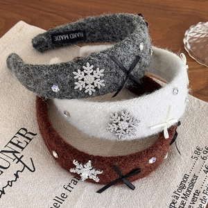 Winter wool padded headband with rhinestone snowflake and handmade ribbon bow details