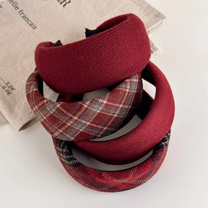 Retro plaid and red knit thick sponge hairbands for women in academic vintage style