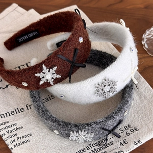Winter wool snowflake headband set with rhinestone accents and ribbons in three colors