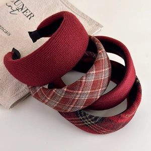 Set of four retro plaid and solid red wide hairbands with thick padded sponge design