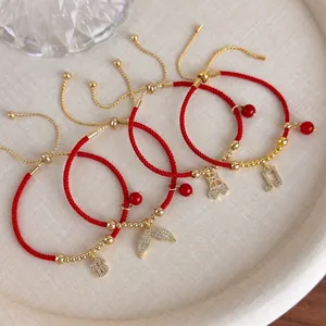 Nuovo Bracciale Intrecciato in Corda Rossa Portafortuna Stile Cinese Perline di Rame Regolabile Con Pendente in Strass Gioielli Donna