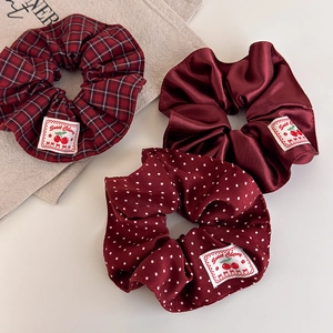 Retro Red Plaid Polka Dot Fabric Scrunchies For Women Sweet Cherry Label Large Intestine Hair Ring Knitted Hair Ties Fashion Headwear