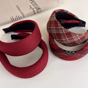 Vintage Korean Style Wide Thickened Headband For Women High Cranial Top Puffy Hair Hoop Retro Red Plaid Knitted Fabric Hair Accessories