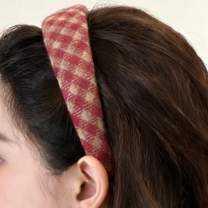 Vintage red and beige checkered headband in soft wool fabric for women's hair styling