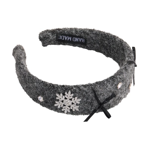 Winter grey wool headband featuring rhinestone snowflake and black ribbon bow detail