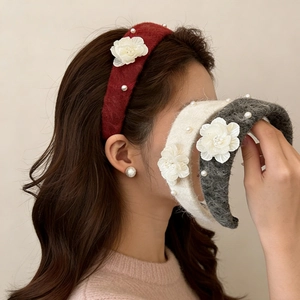 Elegant tweed headband with white camellia and pearls for women in autumn winter