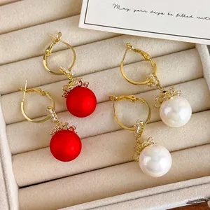 Elegant Chinese Style Faux Artificial Pearl Drop Earrings Red White Matte Bead Copper Gold Plated Dangle Earrings Party Women Jewelry