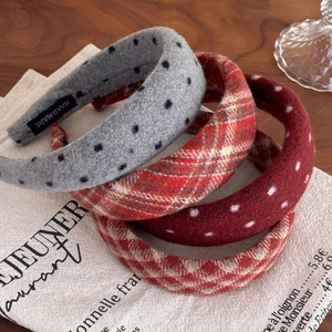 Vintage Plaid Polka Dot Wide Sponge Headband For Women Korean Style Woolen Fabric High Skull Top Hair Hoop Accessories