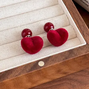 Orecchini a Bottone a Cuore Floccato Bordeaux Vintage Donna Velluto Doppia Faccia Gioielli per San Valentino Festa Capodanno