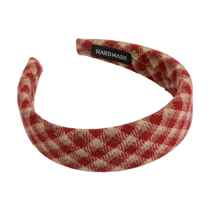 Vintage red and beige checkered plaid headband with a handmade label and soft tweed texture