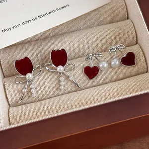 Vintage French Red Flocking Heart Cherry Earrings For Women Elegant Artificial Pearl Tassel Tulip Bow Stud Earrings Jewelry Gift